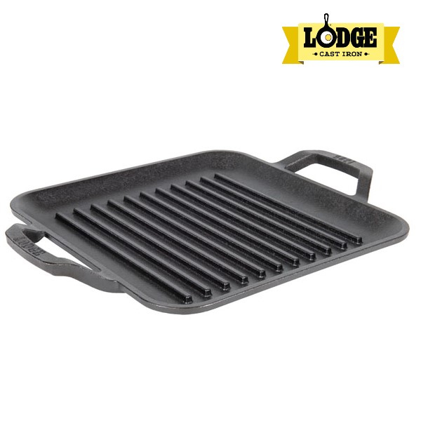 Chảo gang nướng Lodge 2 tay cầm, có rãnh, vuông 28 cm, LC11SG. Dùng nướng, chiên, xào, áp chảo.