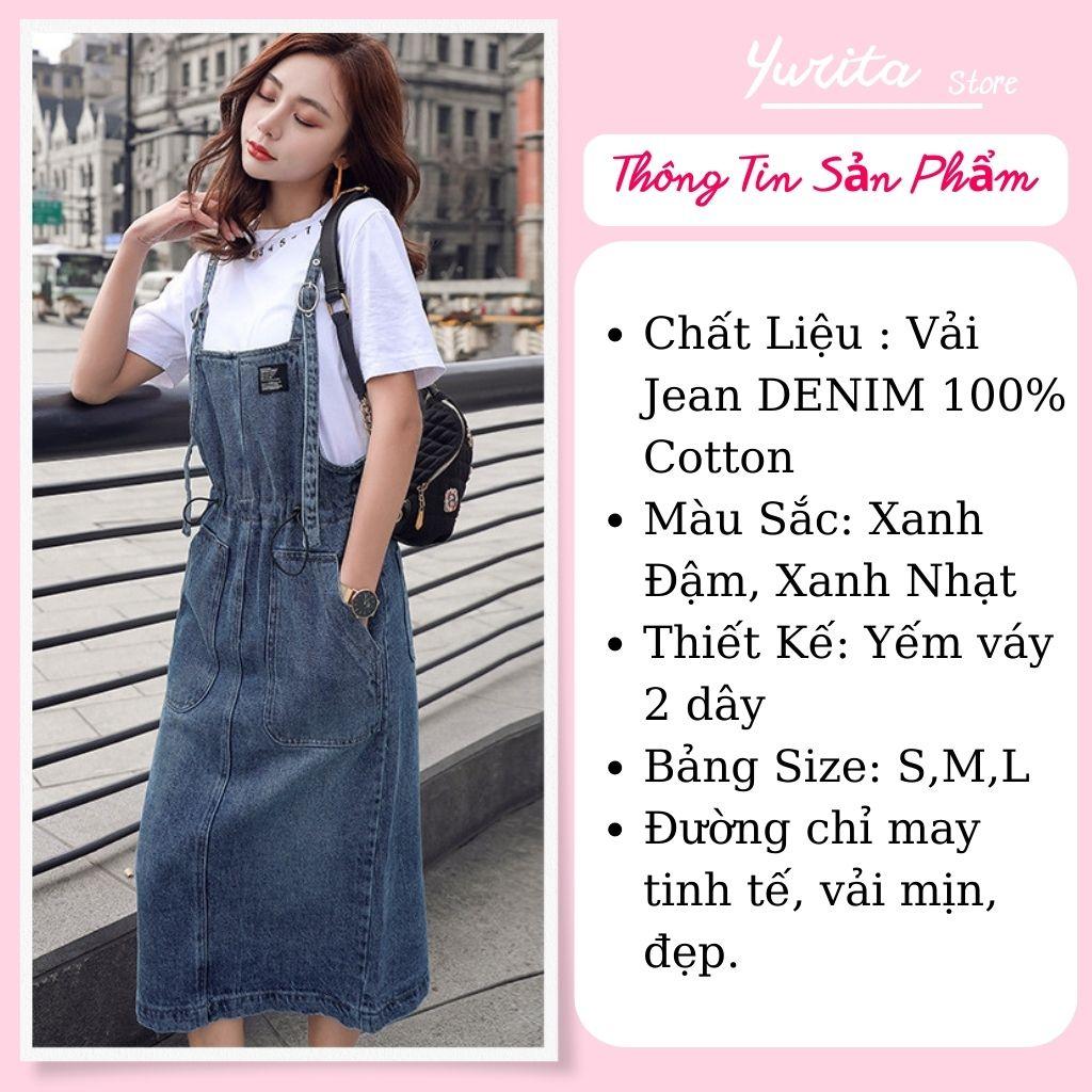 Yếm Váy Jeans Nữ Yurita Chất Bò Phối 2 Túi Trước Kèm Dây Rút Eo Mang Phong Cách Ulzzang Hàn Quốc