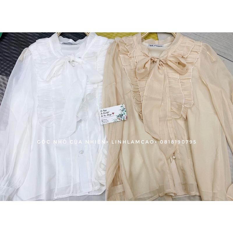 Áo Sơ Mi Nữ Voan Tơ Cổ Viền Bèo Phối Nơ Xinh