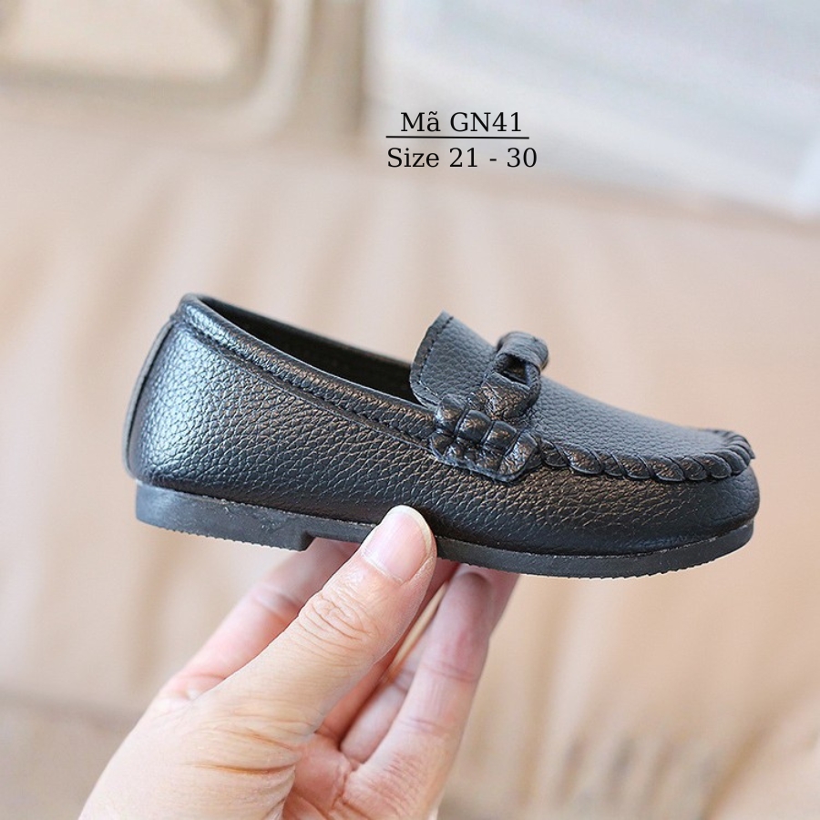 Giày lười moca màu đen da lì cho bé trai 1 - 5 tuổi êm nhẹ chống trơn mặc vest đi tiệc, chụp ảnh, biểu diễn GN41