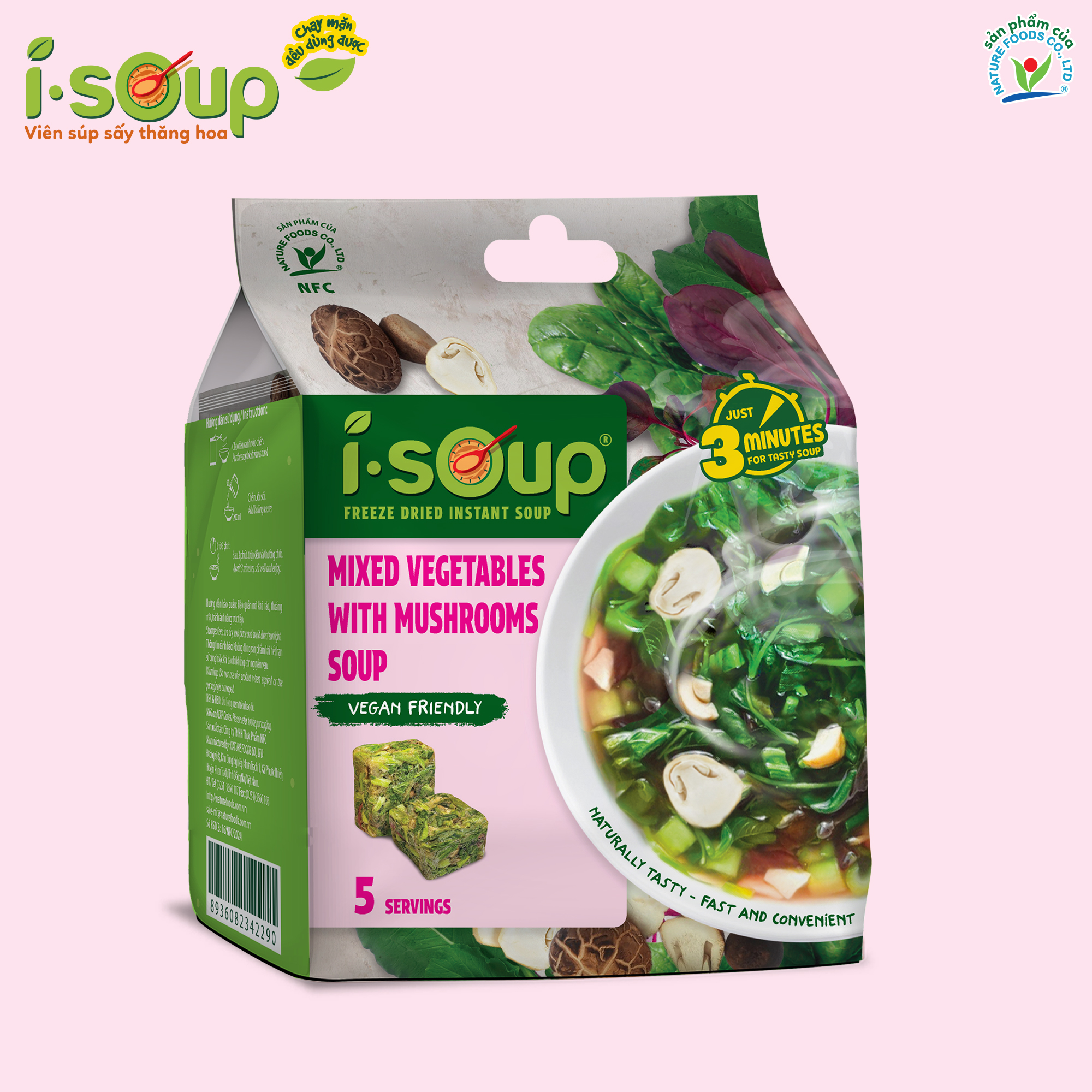 Canh Rau Tập Tàng Nấm Rơm Ăn Liền ISOUP 35g 05 Viên - Viên Canh Ăn Liền Sấy Thăng Hoa