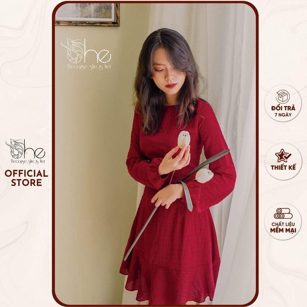 Đầm đỏ dự tiệc nữ noel tết dài tay đuôi cá She, váy hoa nhí thiết kế chữ A SDX70