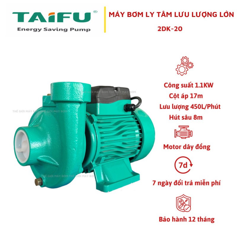 Máy bơm nước ly tâm lưu lượng lớn 1.1Kw (1.5HP) TAIFU 2DK-20 - Bảo hành 1 năm ( Cam kết hàng chính hãng )