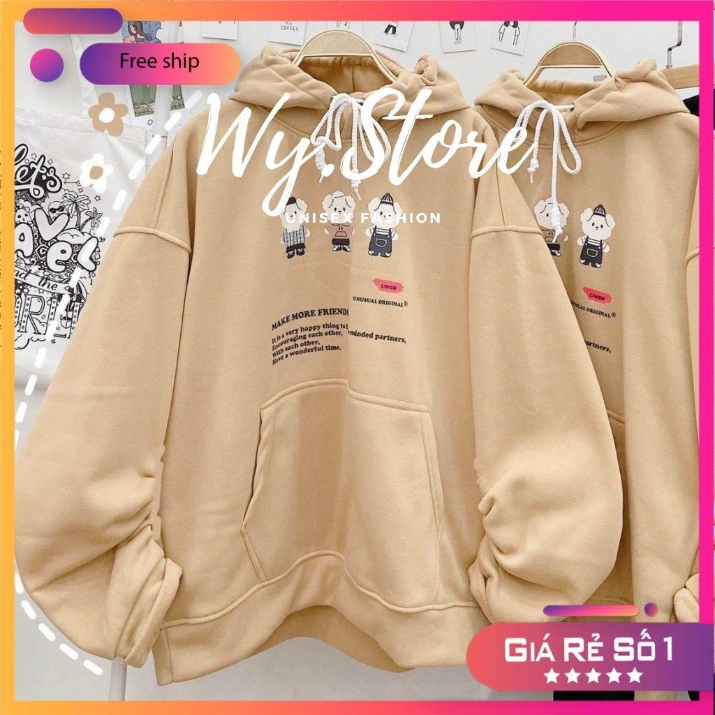 Áo Hoodie Nỉ - Áo Khoác Nỉ Nam Nữ Unisex MMF 2 Màu kem - đen in hình 3 con gấu tay phồng from rộng