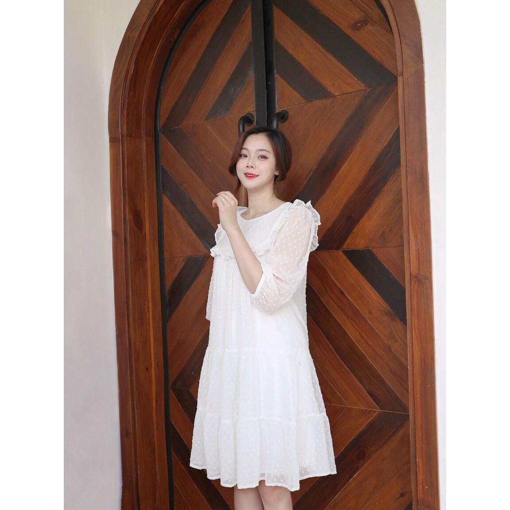ĐẦM VOAN HỘT TAY LỠ CỔ TRÒN PHỐI BÈO NGỰC DÁNG XÒE BABYDOLL-hình thật shop chụp