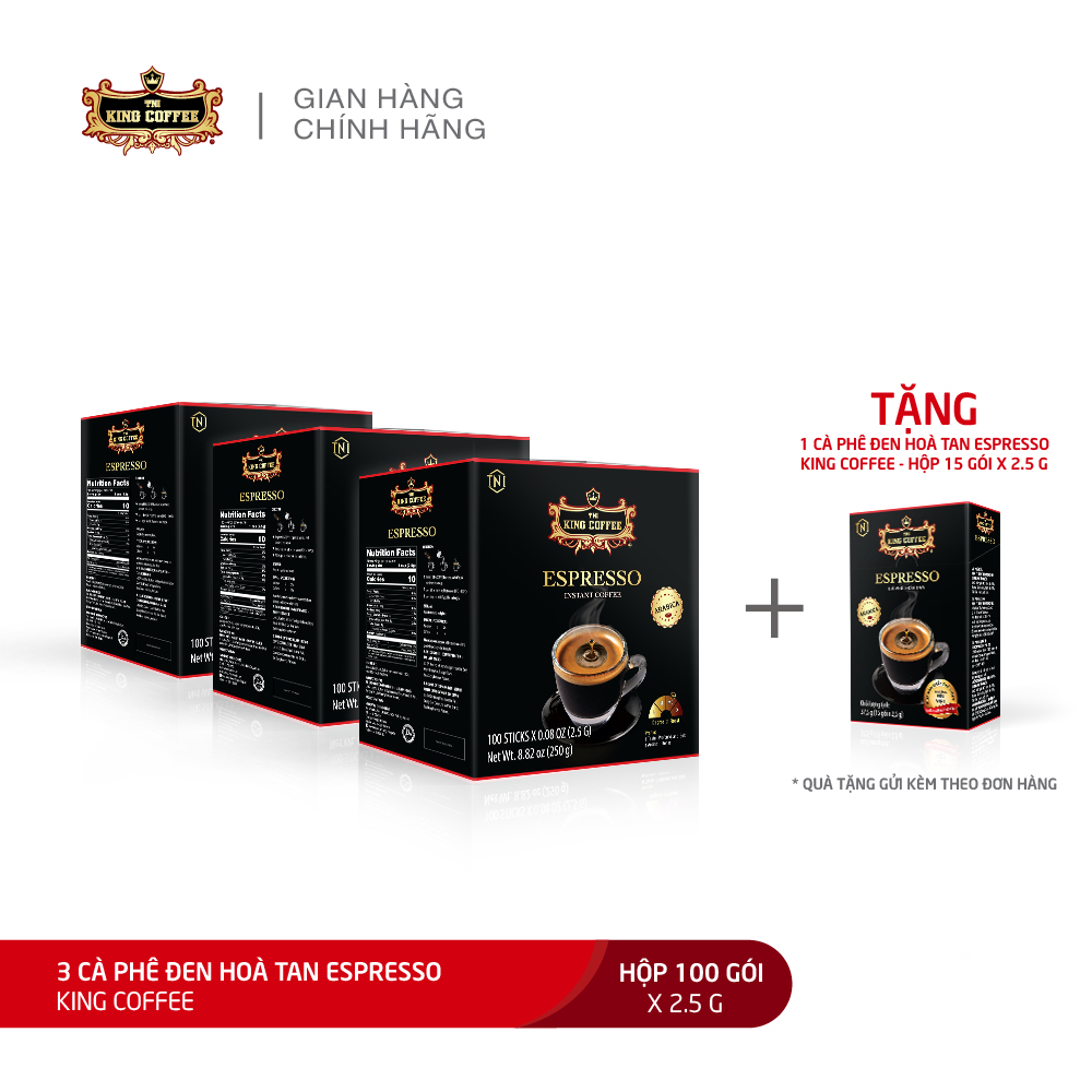 Combo 3 Cà Phê Đen Hòa Tan Espresso KING COFFEE - Hộp 100 gói x 2.5g + tặng 1 Cà Phê Đen Hòa Tan Espresso KING COFFEE - Hộp 15 gói x 2.5g