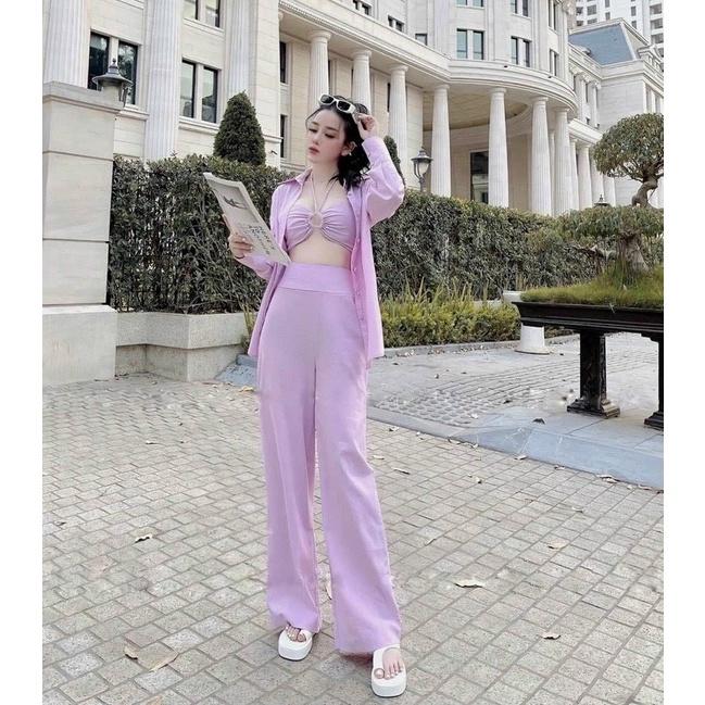 Set 3 món áo crop yếm quần dài kèm áo khoác sơ mi cá tính, năng động, trẻ trung phù hợp đi biển đi chơi dạo phố
