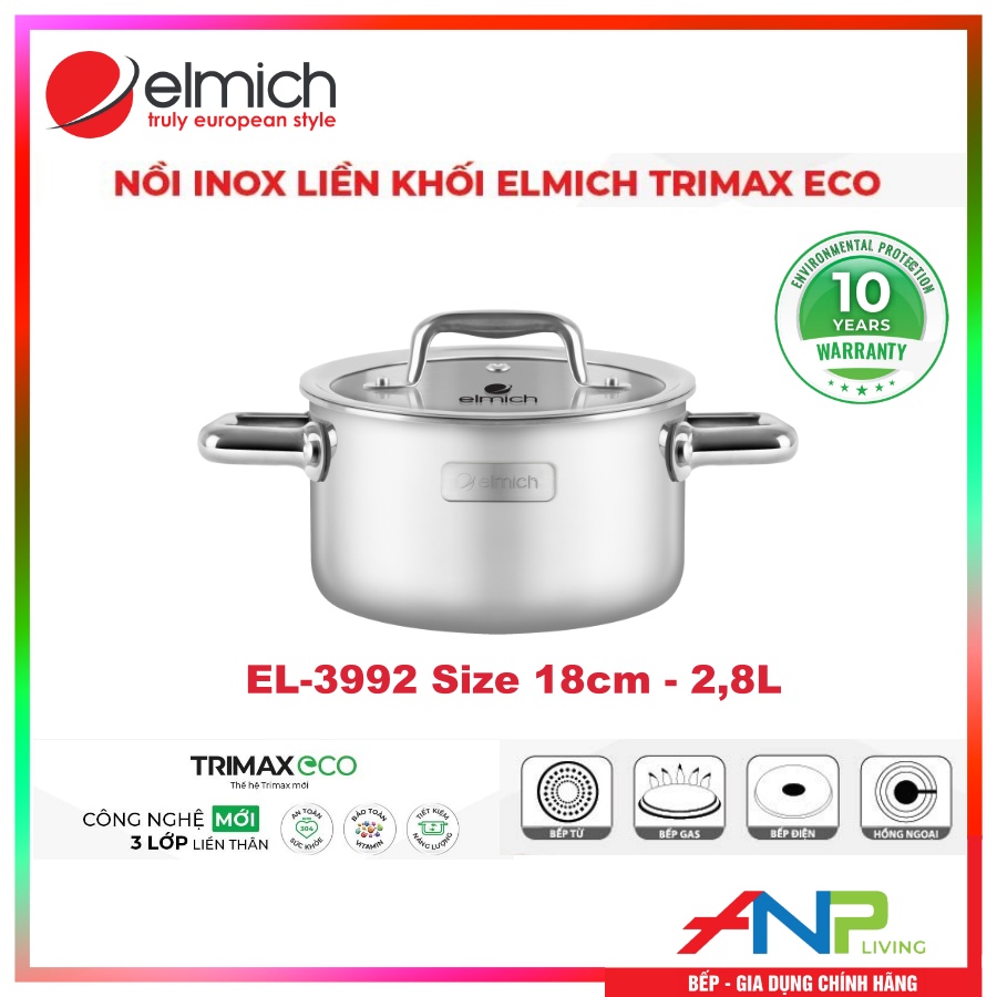 Nồi (Xoong) Inox 3 lớp đáy liền Elmich Tri-max Eco (2353990, 2353991, 2353992, 2353993, 2353994, 2353995, 2353996, 2353997) - Hàng Chính Hãng