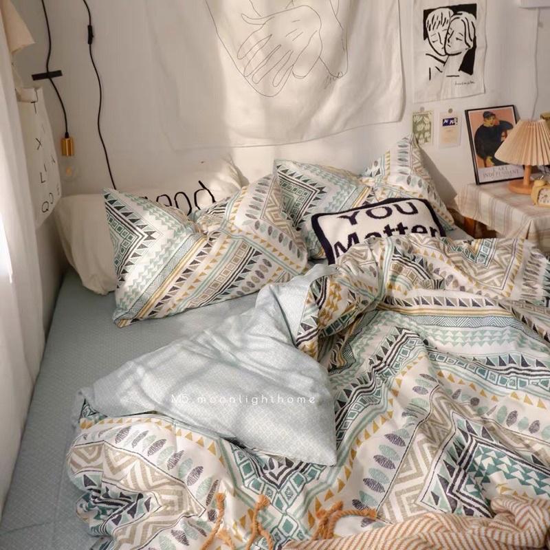 Bộ Chăn Ga Gối Cotton Living 100%cotton Hàng Nhập Khẩu Cao Cấp 4 Món Thổ Cẩm Xanh