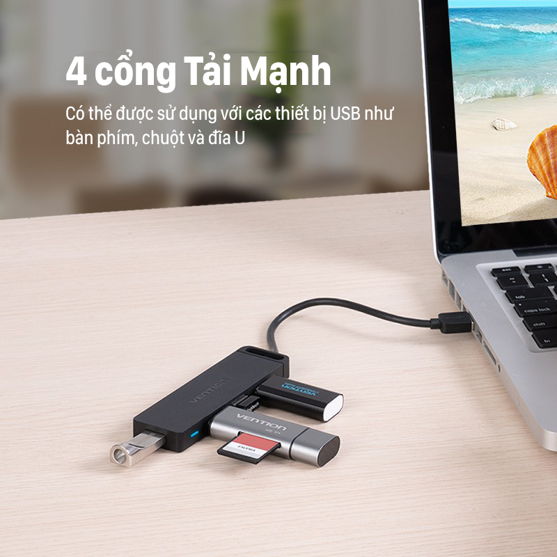 Bộ chia 4 cổng Usb 3.0 - Hub Usb 4 Port USB 3.0 có nguồn hỗ trợ 15cm 50/100cm Vention CHLBB - Hàng chính hãng