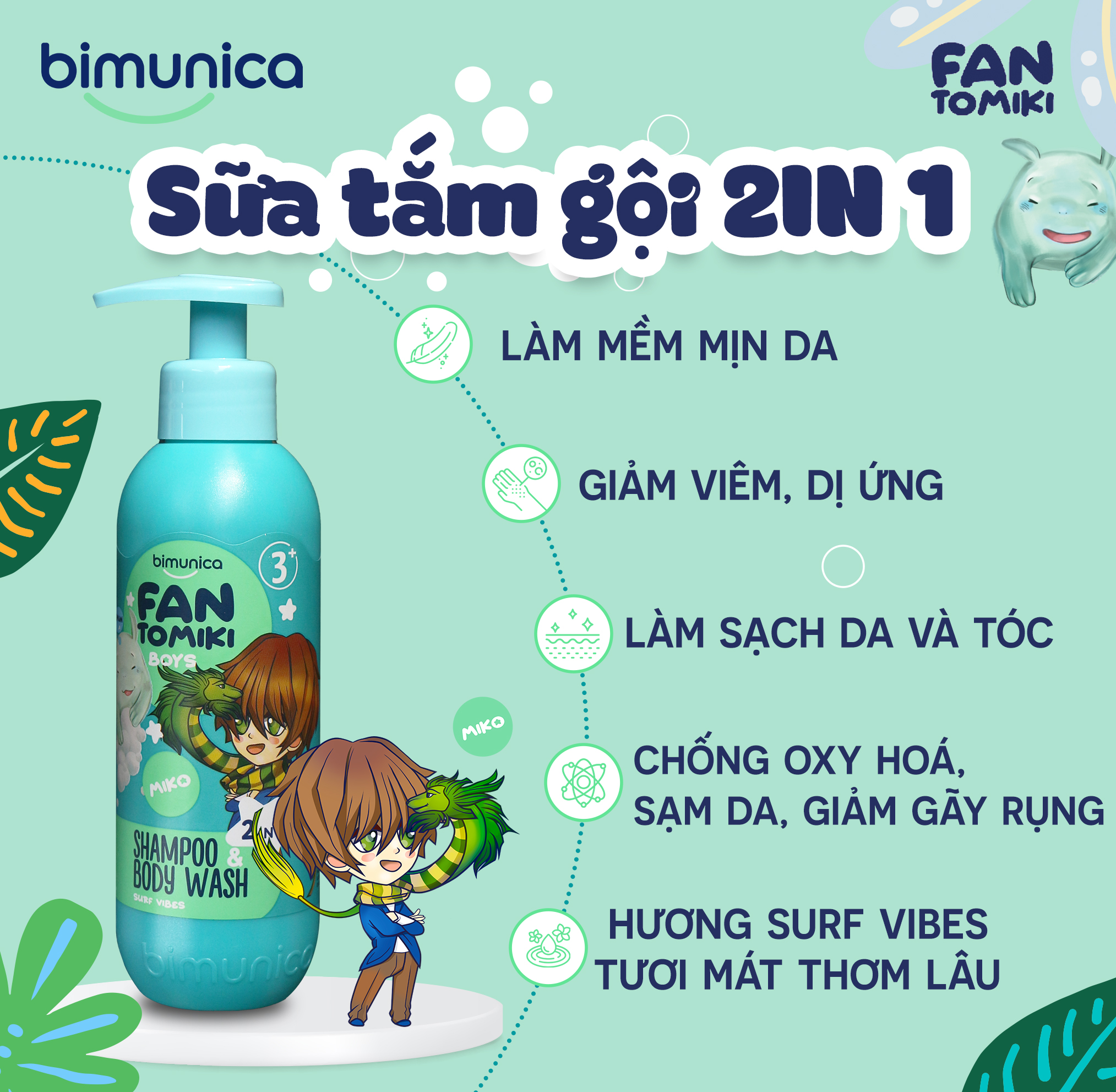 Sữa Tắm Gội 2in1 BIMUNICA Fantomiki Cho Bé Trai từ 3 Tuổi - 250ml Không Cay Mắt, Làm Sạch, Làm Mềm