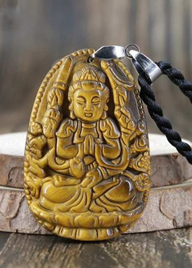 Mặt Dây chuyền Phật Bản Mệnh tuổi Tý, Mệnh Kim, Phật Thiên Thủ Thiên Nhãn, Đá Mắt hổ, Cỡ nhỏ AKO1