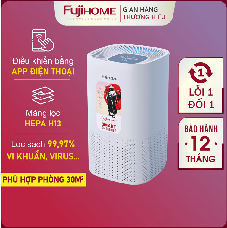 Máy lọc không khí Nhật Bản FUJIHOME Nhập Khẩu 4 cấp điều khiển bằng app, bộ lọc bụi mịn PM2.5 - khử mùi - loại bỏ vi khuẩn vi rút cảm biến hiển thị màu sắc