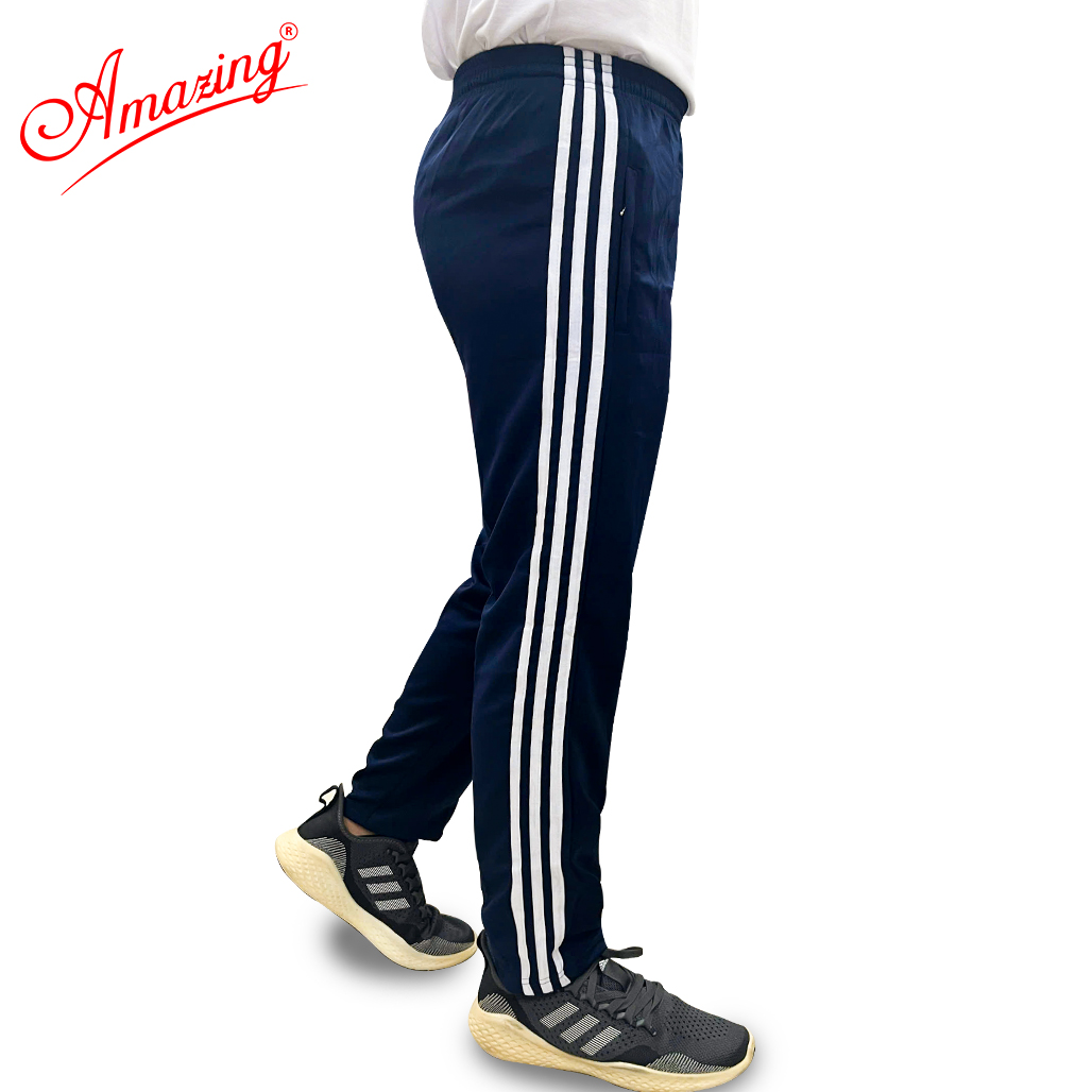 Quần thể thao co giãn 4 chiều màu đen và xanh 3 sọc  Amazing cho bé trai,lưng chun,2 túi dây kéo