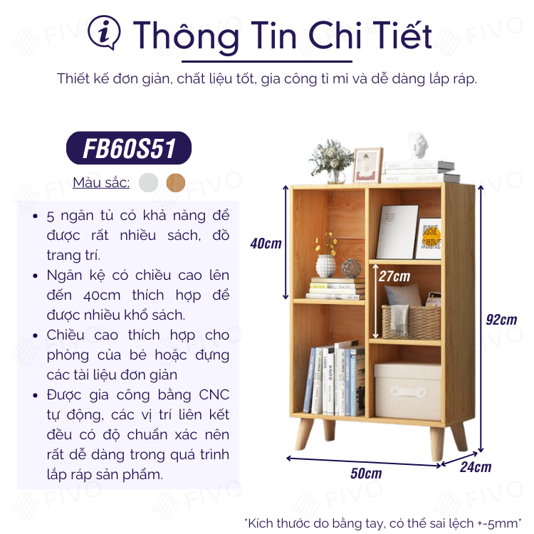 Tủ Kệ Sách Gỗ Đa Tầng 4 Chân Cao Cấp FIVO Mẫu FB60 Nội Thất Lắp Ráp Đơn Giản, Nhiều Ngăn Rộng Rãi (Có Kèm Tấm Lưng)