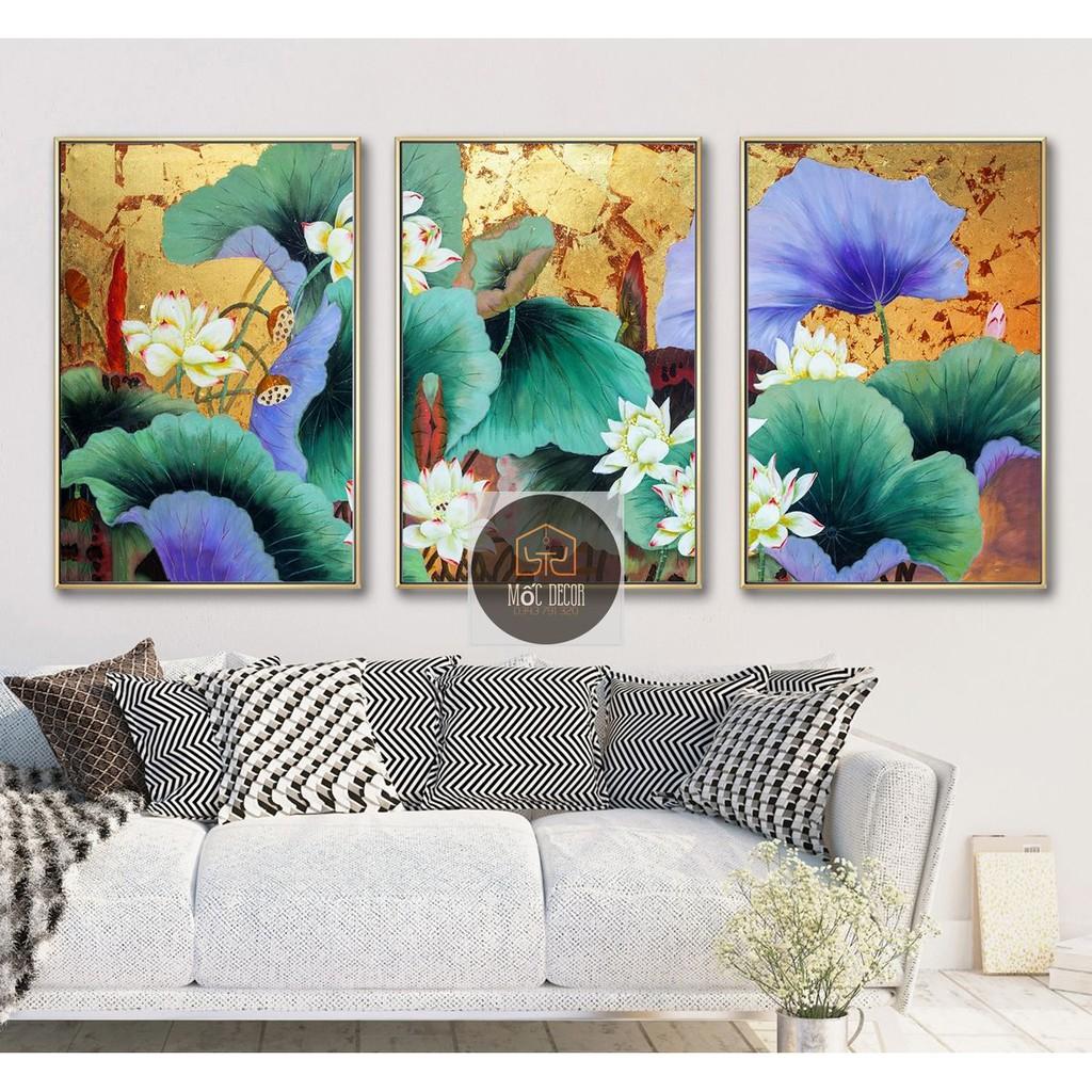 Tranh tráng gương sen xanh nền vàng phù hợp treo phòng khách, đẹp hơn tranh canvas và decal dán tường