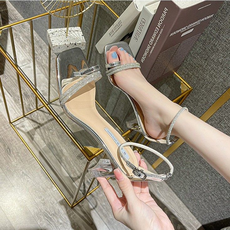 Giày sandal cao gót NKS35 mũi vuông, gót trong phối quai dây mảnh cao 9 cm