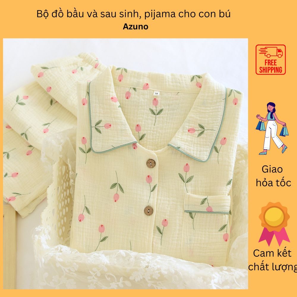 Bộ Đồ Nữ Mặc Nhà Và Sau Sinh Bigsize Dài Tay Azuno AZ277 Chất Liệu Vải Muslin Nhẹ Mát Họa Tiết Sang Chảnh