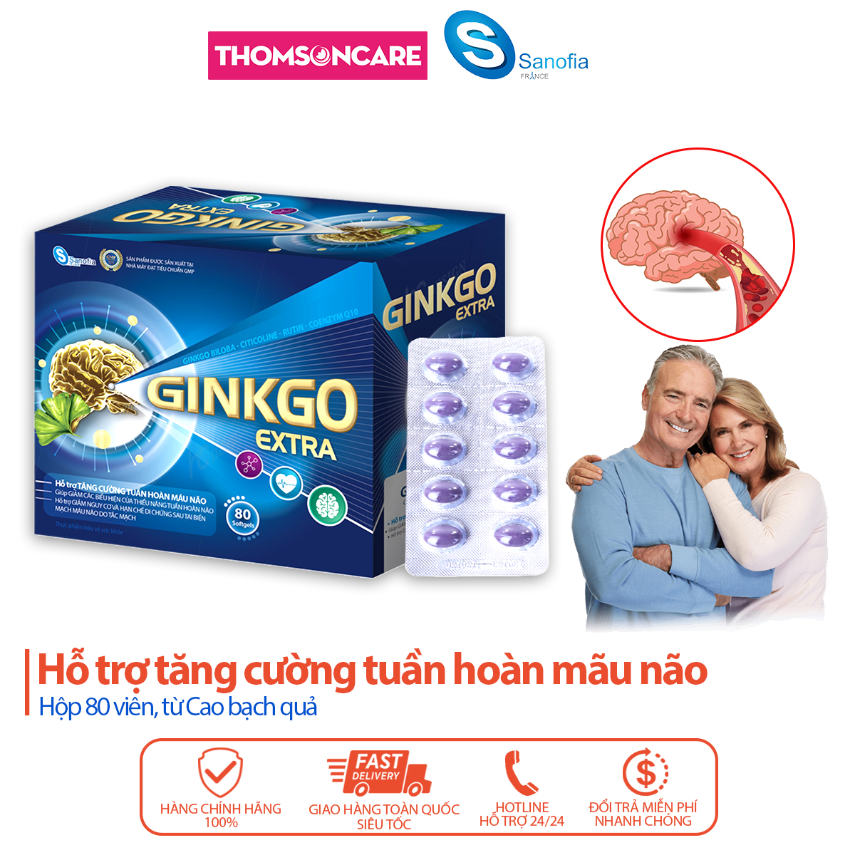 Viên uống bổ não Ginkgo Extra Sanofia - Giúp tăng cường tuần hoàn máu não, giảm đau đầu, chóng mặt từ thảo dược - Hộp 80 viên Thomsoncare