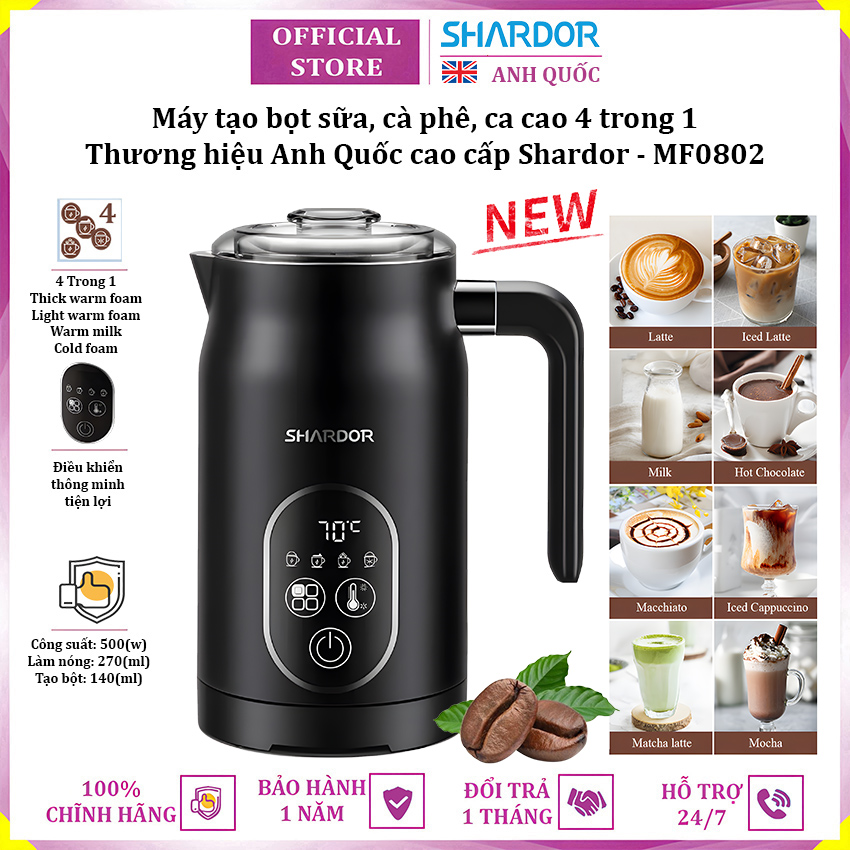 Máy đánh sữa tạo bọt cà phê, ca cao 4 trong 1 thương hiệu Anh Quốc Shardor MF0802 - Hàng nhập khẩu