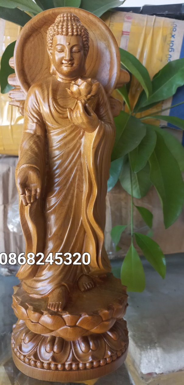 Tượng phật liên hoa bằng gỗ bách xanh liền khối kt cao 30×11×9cm