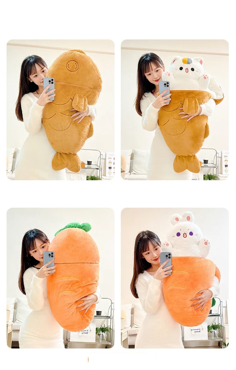 Thú nhồi bông mèo cá nướng, thỏ cà rốt đáng yêu - Size 60cm - Quà tặng gấu bông chó trong khúc xương êm mịn