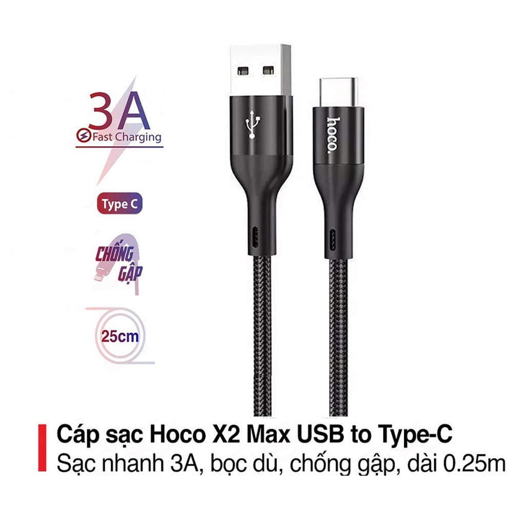 Cáp sạc 3A Hoco X2 Max Type-C dây dù truyền dữ liệu cho Android dài 0.25M ( 2 màu )- Hàng chính hãng