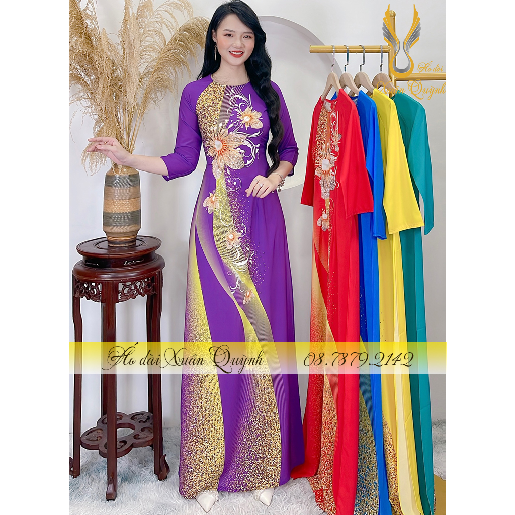 Áo Dài Hoa Kim Cương Phối Dải Chấm Bi Sang Trọng, Lụa Habutai Cao Cấp K97 Tím Huế