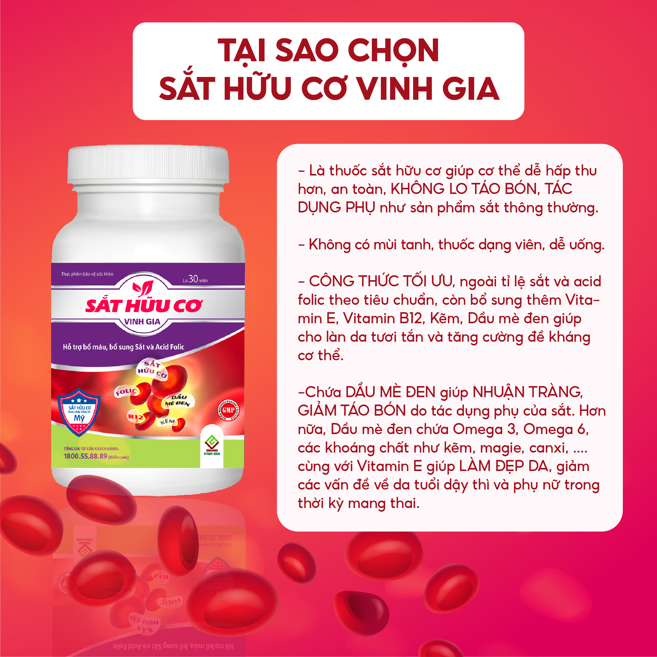 Viên Uống Bổ Sung Sắt Dạng Hữu Cơ VINH GIA Giảm Tình Trạng Thiếu Máu Lên Não, Hoa Mắt, Da Xanh Xao Hộp 30 Viên