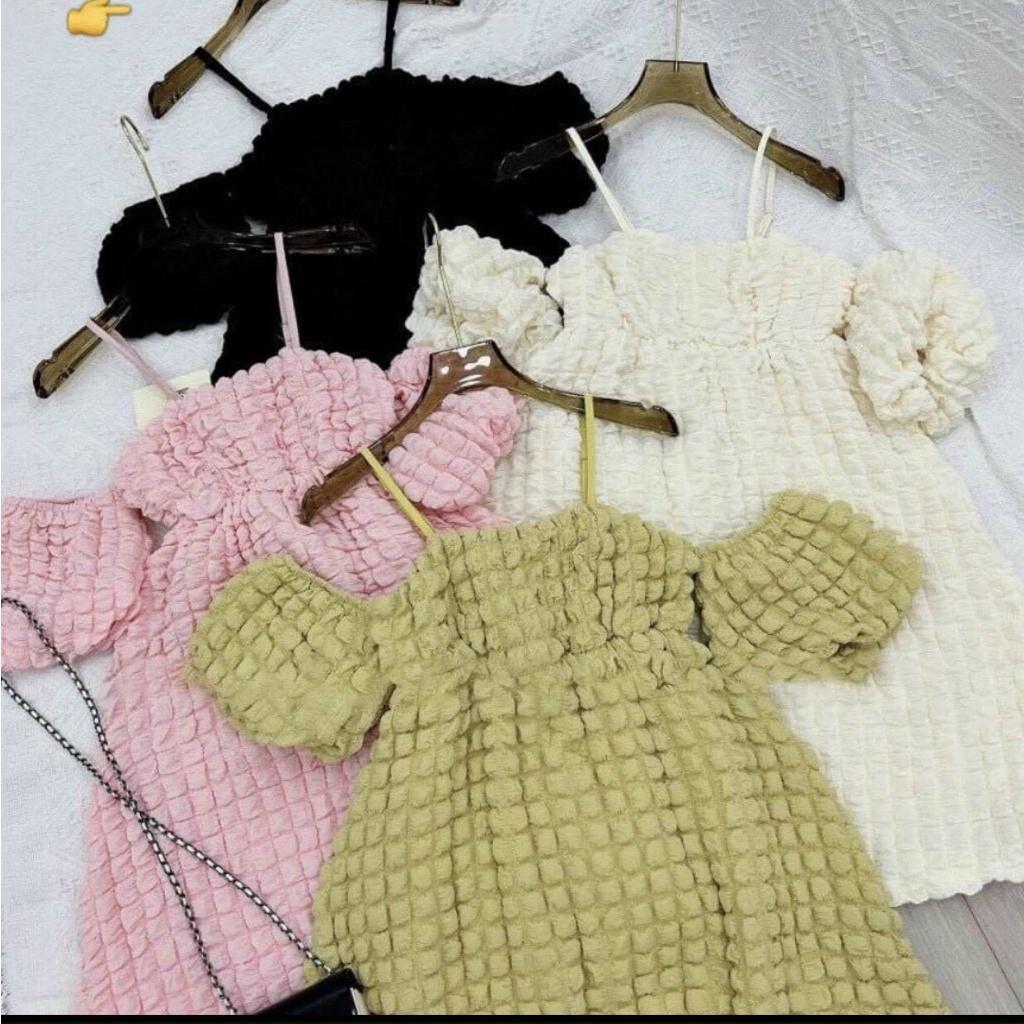 Đầm Babydoll nữ phối 2 Dây Tay Bèo Trễ Vai Chất Thun Gân Xốp Mềm Mịn Bồng Bềnh sang chảnh bkfrreship