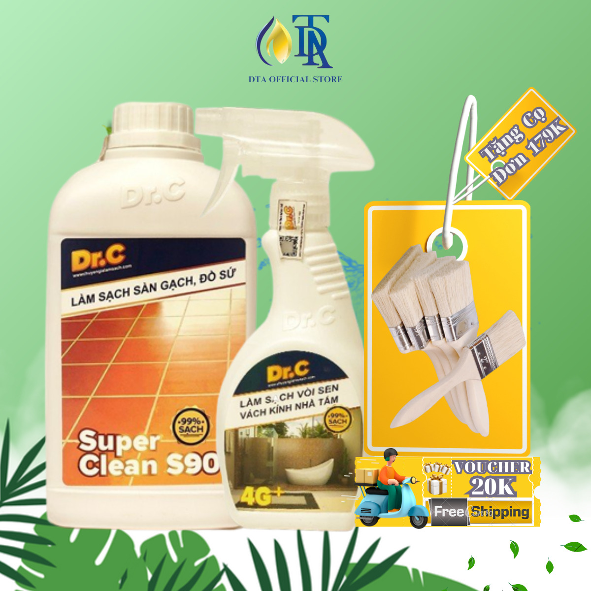 Combo Tẩy Bồn Cầu Bị Ố Vàng,Tẩy Gạch Men,Tẩy Xi Măng S90+Tẩy Cặn Canxi Nhà Tắm,Tẩy Vách Kính Vòi Sen Inox,Tẩy Ố Vàng Nhà Vệ Sinh 4G Dr.C
