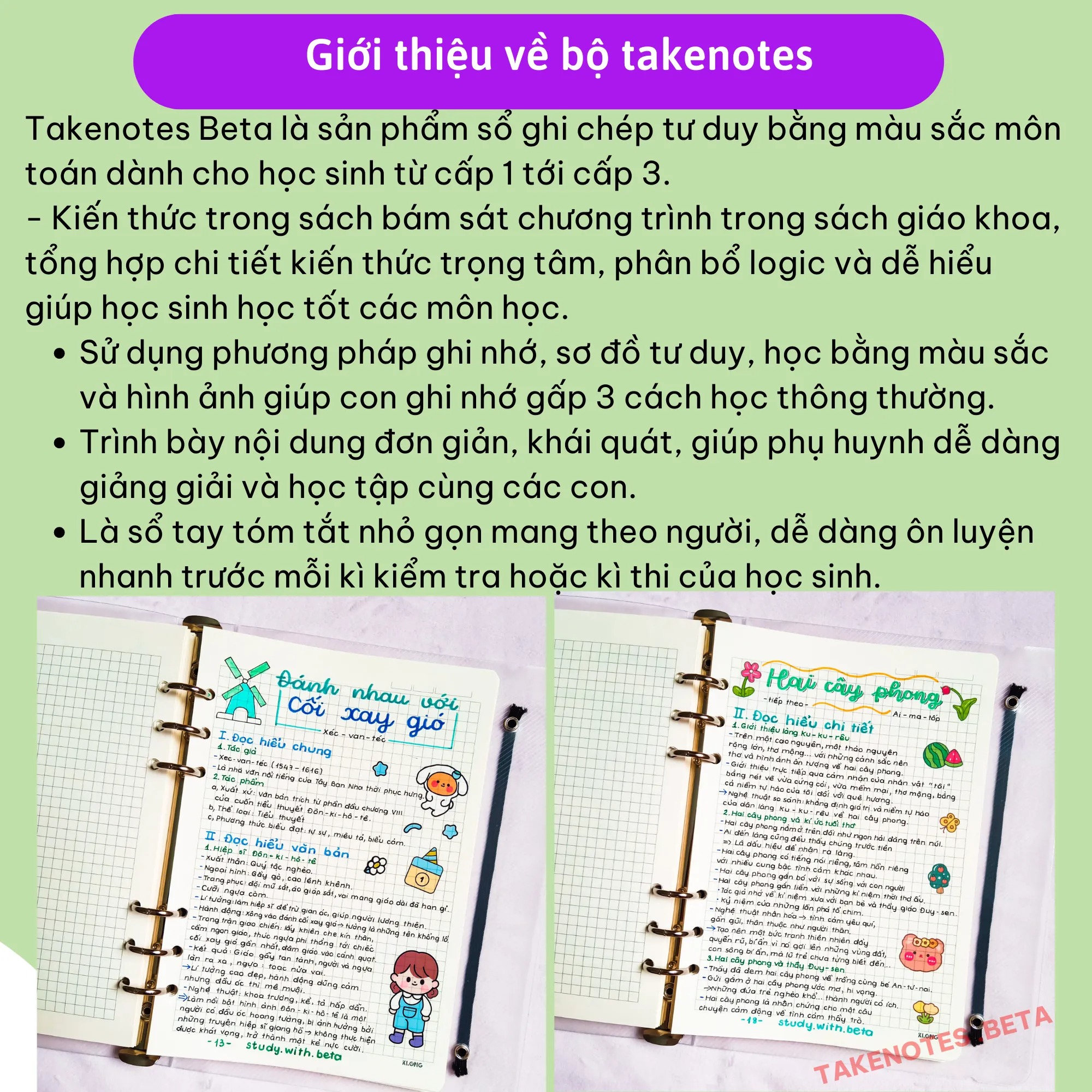 Sổ Takenote Văn 9 tổng hợp công thức trang trí sticker dễ hiểu- 2 loại sổ lò xo bìa trong Beta, sổ còng đóng Binder