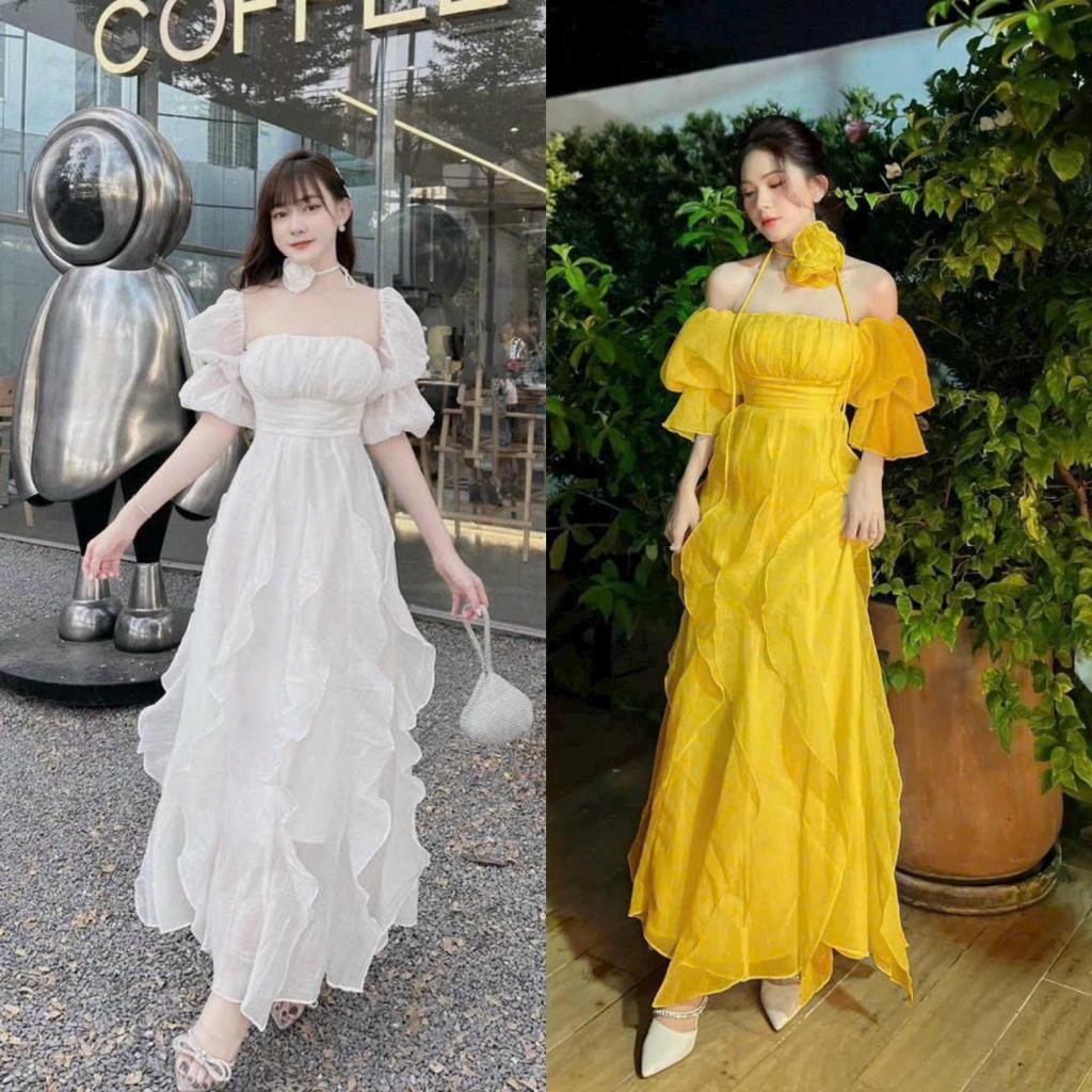 Váy đầm nữ maxi dáng xòe kèm dây hoa tay bồng có thể mặc được 2 kiểu cực xinh