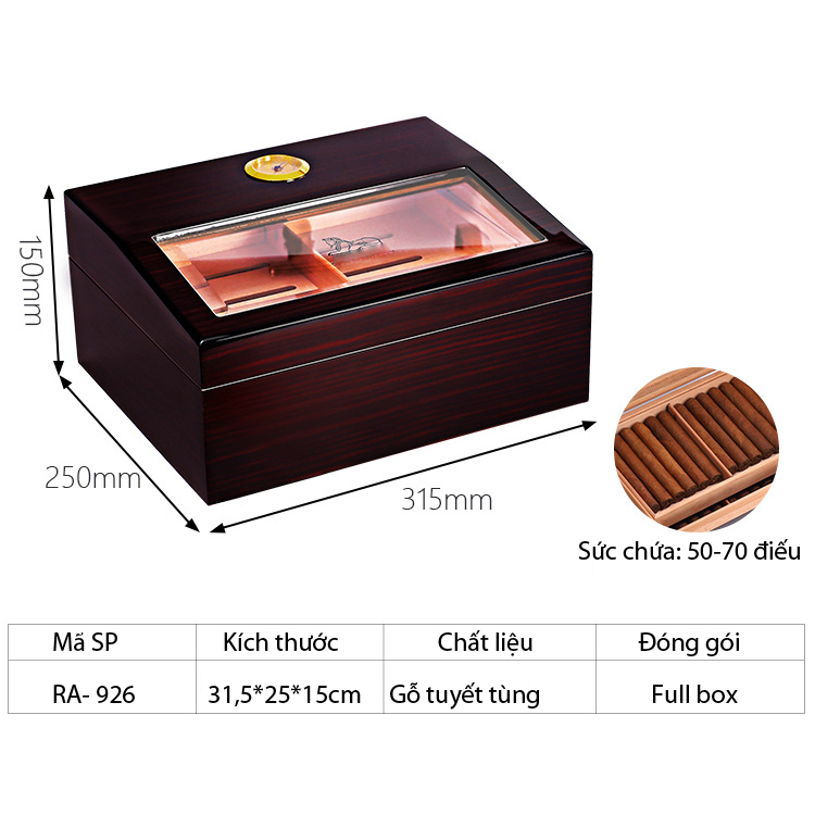 Tủ Đựng Bảo Quản Cigar Gà RA-926 Bảo Quản 60 Điếu Chất Liệu Gỗ Tuyết Tùng Cao Cấp