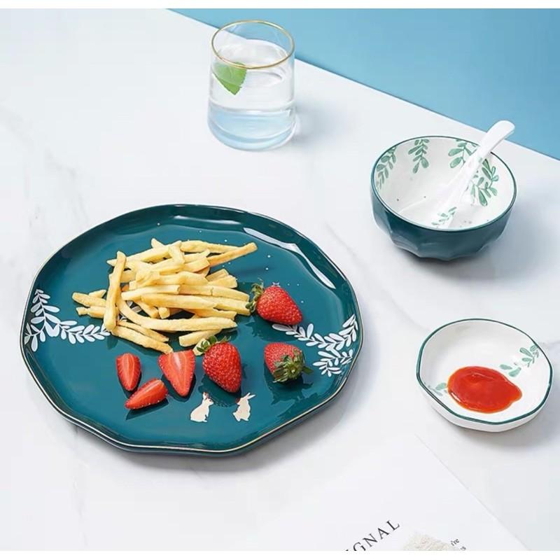 BỘ BÁT ĐĨA XANH HOA ME 26 món