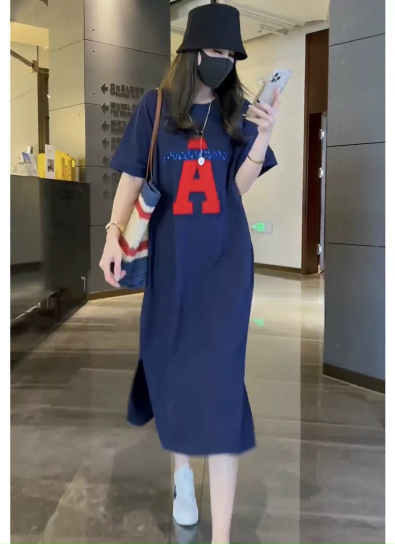 Váy suông tay lỡ in chữ A, đầm suông dáng dài form rộng 2 màu