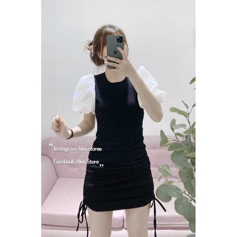 Đầm umi phối voan tay phồng rút dây 2 bên xinh lung linh kèm hình thật