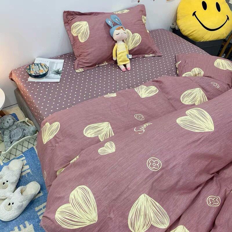 Bộ chăn ga gối Poly Cotton poly trái tim nâu đủ kích thước 1m2 đến 2m*2m2