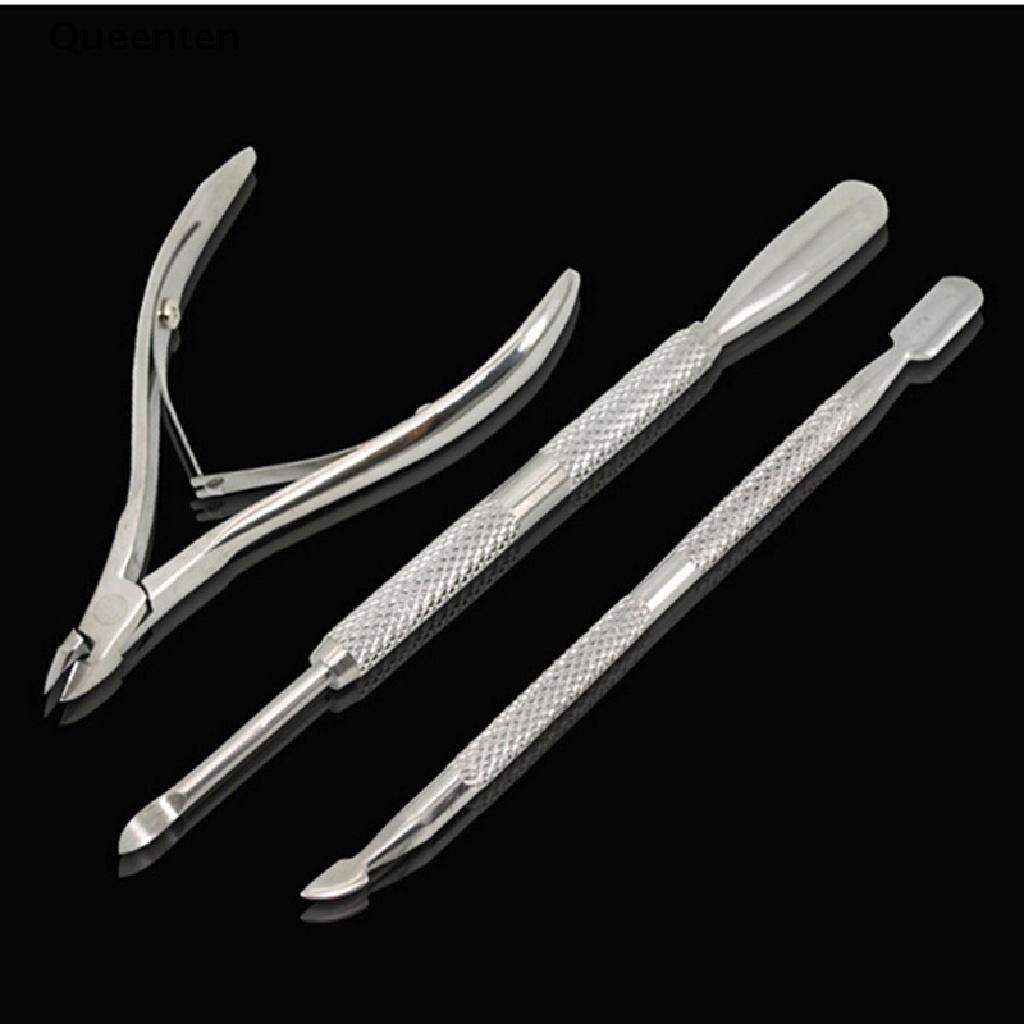 Queenten 3pcs Nail Art Tool Spoon Pusher Nipper Cuticle Manicure Stainless Steel Set  QT