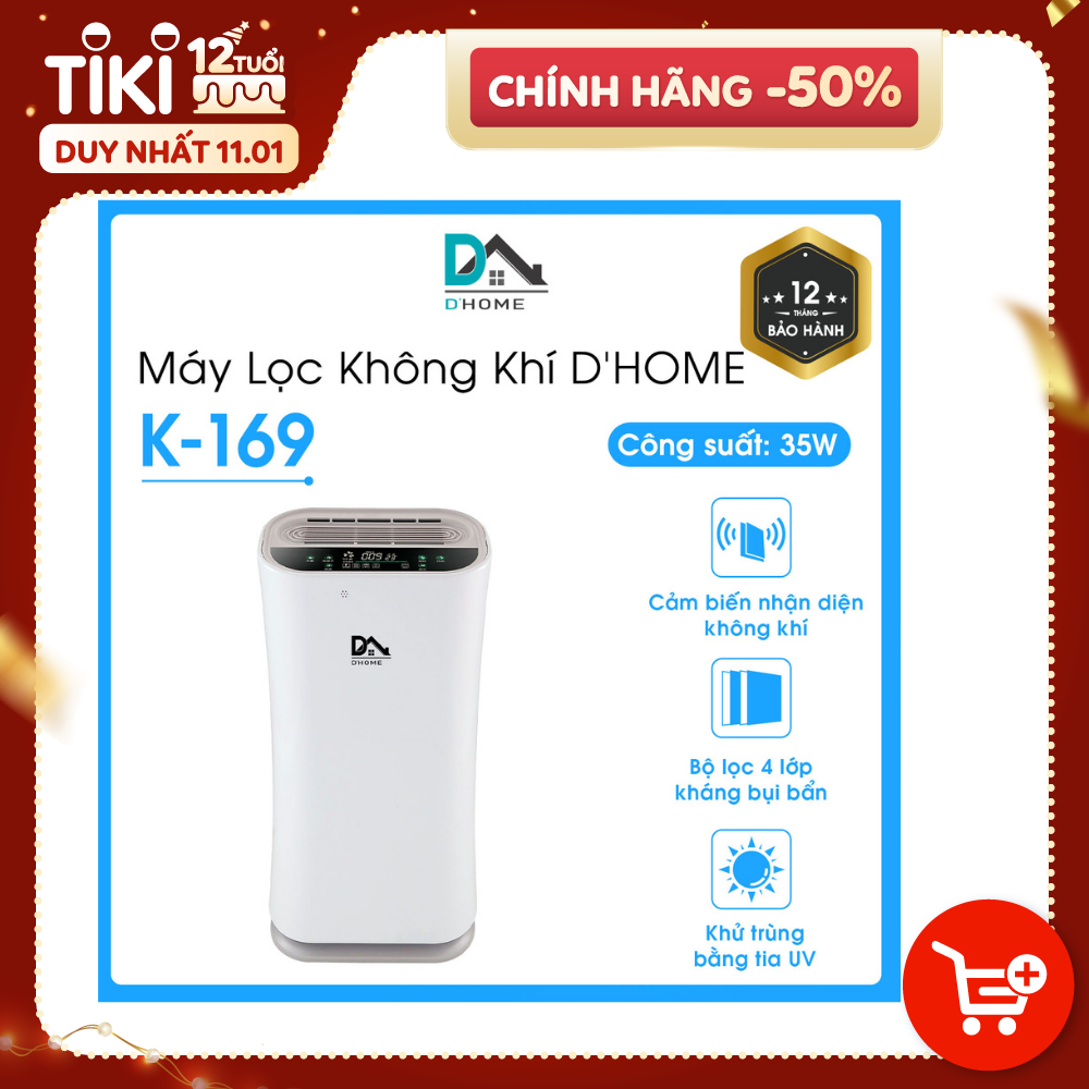 Máy Lọc Không Khí Dhome k -169  -  Diệt Vi Khuẩn Bằng Tia UV- Tạo Ion Âm Thông Minh- Hàng Chính Hãng