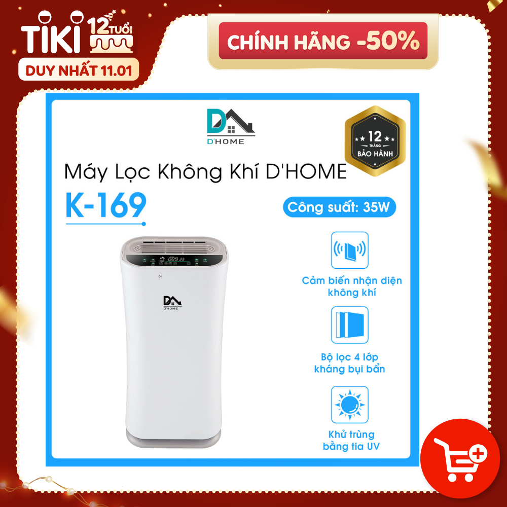 Máy Lọc Không Khí Dhome k -169 (sử dụng cho phòng 20m2 - 60m2 ) -  Diệt Vi Khuẩn Bằng Tia UV- Tạo Ion Âm Thông Minh- Hàng Chính Hãng