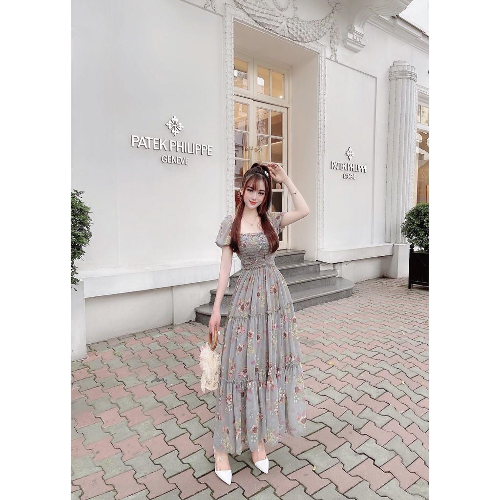 Đầm Maxi Hoa Dáng Xòe Trễ Vai Nhúng Ngực - Vải Voan - 2 Màu Hồng, Xanh - Dành Cho Nàng Đi Chơi - ẢNH THẬT