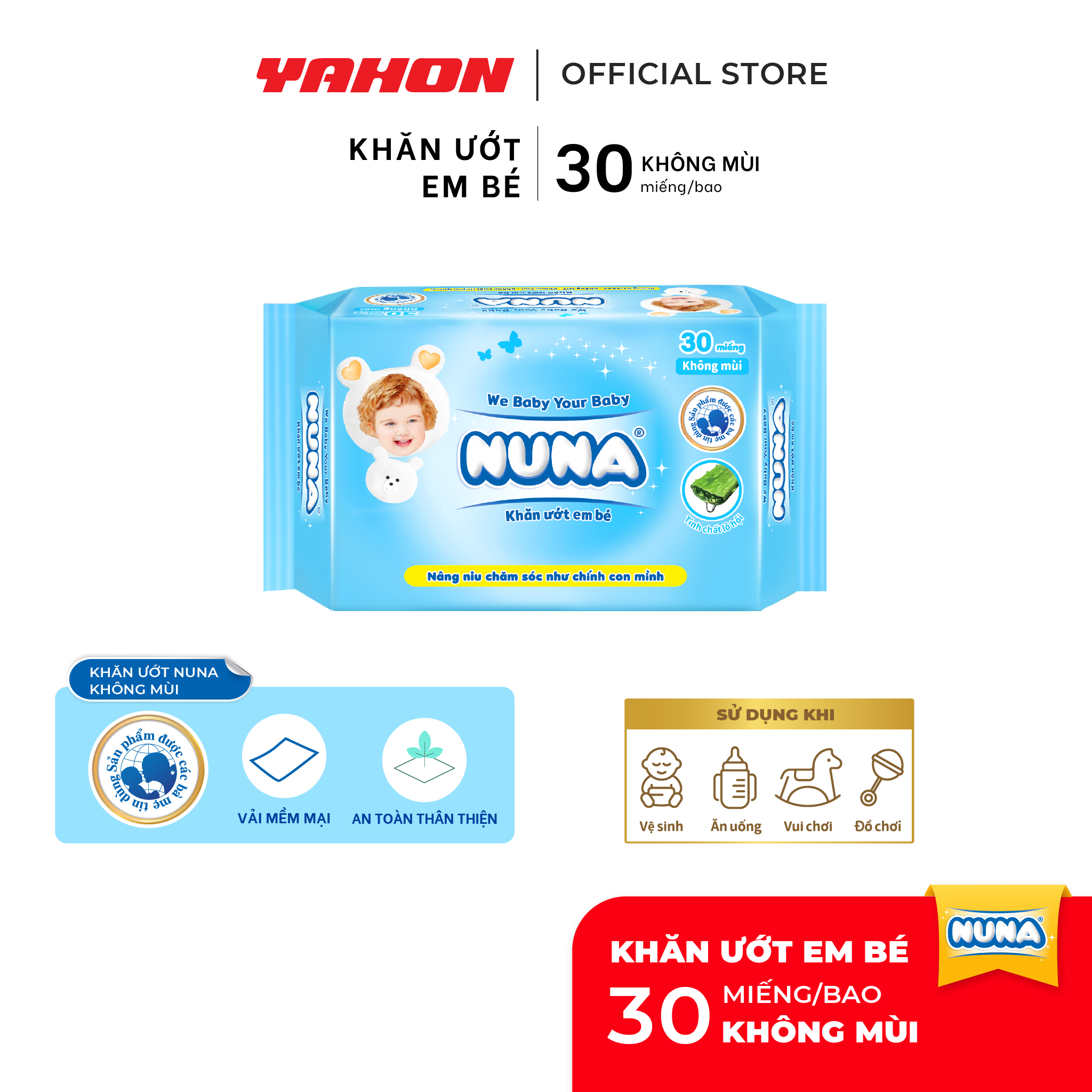 Khăn Ướt Em Bé Nuna Không Mùi 30 Miếng | An Toàn, Dịu Nhẹ Cho Da Nhạy Cảm, Gói Nhỏ Tiện Lợi