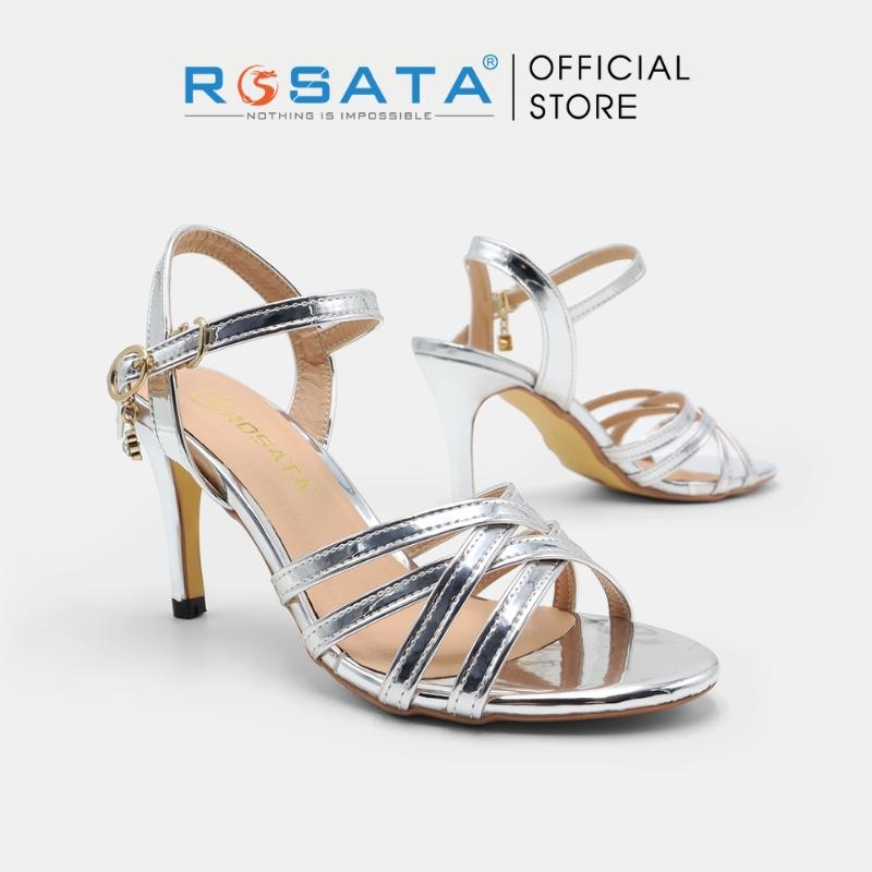 Giày sandal cao gót nữ ROSATA RO543 xỏ ngón phối dây mũi tròn quai cài hậu dây mảnh gót nhọn 7cm xuất xứ Việt Nam - Bạc