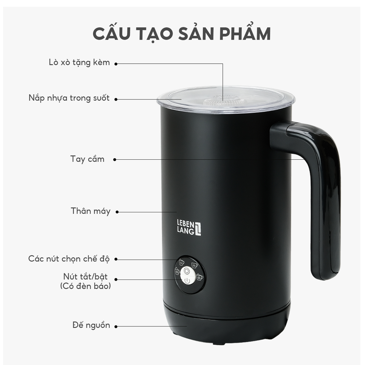 Máy đánh bọt cà phê, tạo bọt sữa Lebenlang LBL102, 500W, 240ml, 4 chế độ đánh nóng lạnh, tặng kèm 1 lò xo bảo hành 2 năm - hàng chính hãng