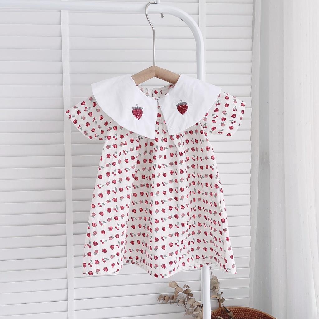 Váy hè cho bé gái 1-6 tuổi cộc tay cổ sen thêu dâu tây, Đầm babydoll trẻ em hàng thiết kế thoáng mát