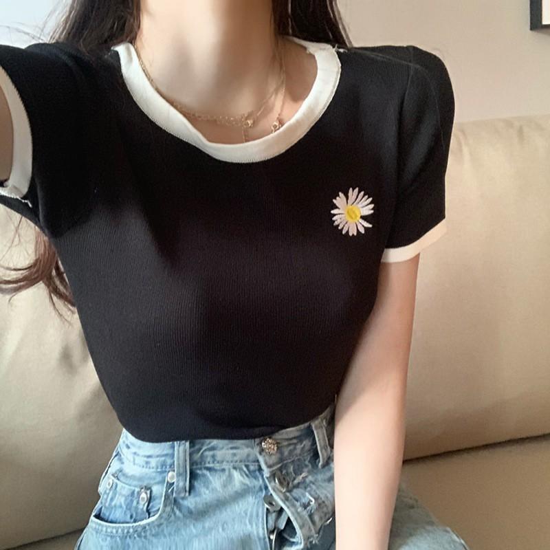 Áo Thun Nữ Tay Ngắn Thêu Hoa Phong Cách Hàn Quốc