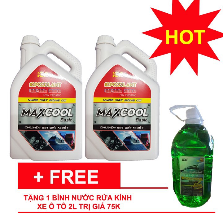 COMBO 2 can nước làm mát động cơ xe ô tô màu đỏ Maxcool 4L tặng nước rửa kính 2L