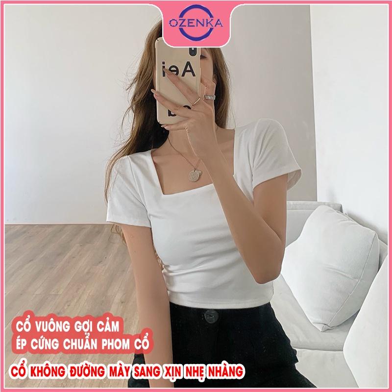 Áo croptop cổ vuông ngắn tay ôm nữ, áo crt hở rốn thun gân 100% cotton đẹp màu đen trắng dưới 50 cân