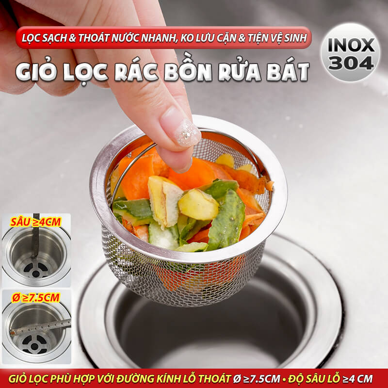 Giỏ Lọc Rác Bồn Rửa Bát INOX 304 Rổ Lọc Rác Chậu Rửa Chén Có Quai Xách Thoát Nước Nhanh Tiện Lợi